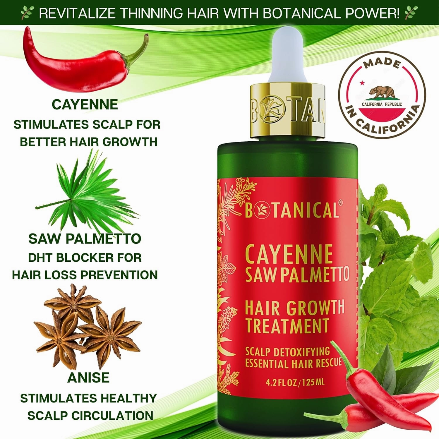 Botanical Hair Growth Treatment - Scalp Detoxifying Cayenne Saw Palmetto Oil with Biotin for Anti-Thinning, Thickening Pre-Shampoo for Women & Men 4.2 Fl Oz