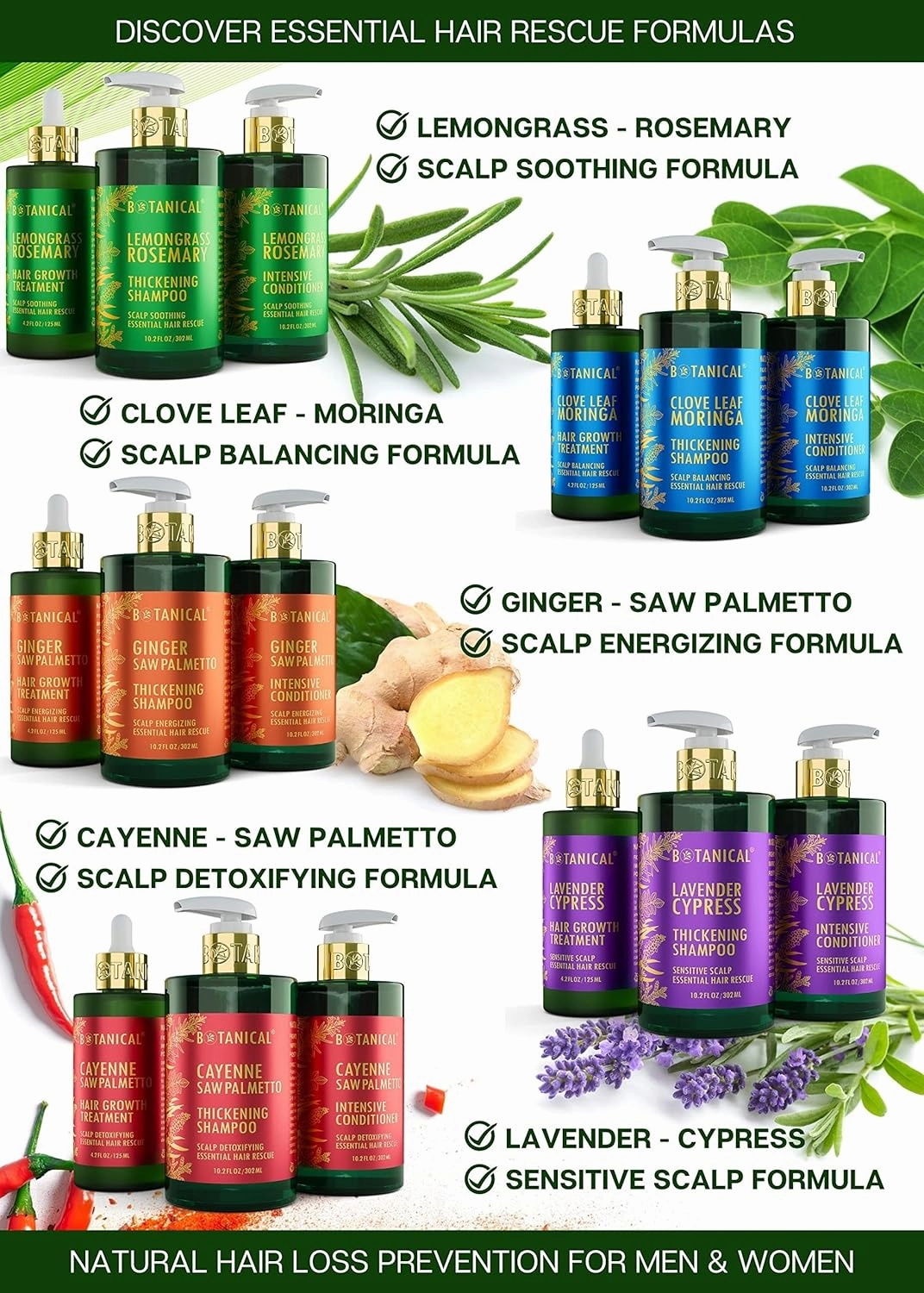 Botanical Hair Growth Treatment, Thickening Shampoo and Anti-Thinning Conditioner “Scalp Soothing” Lemongrass Rosemary Shampoo for Hair Loss, Thickening Products For Women & Men