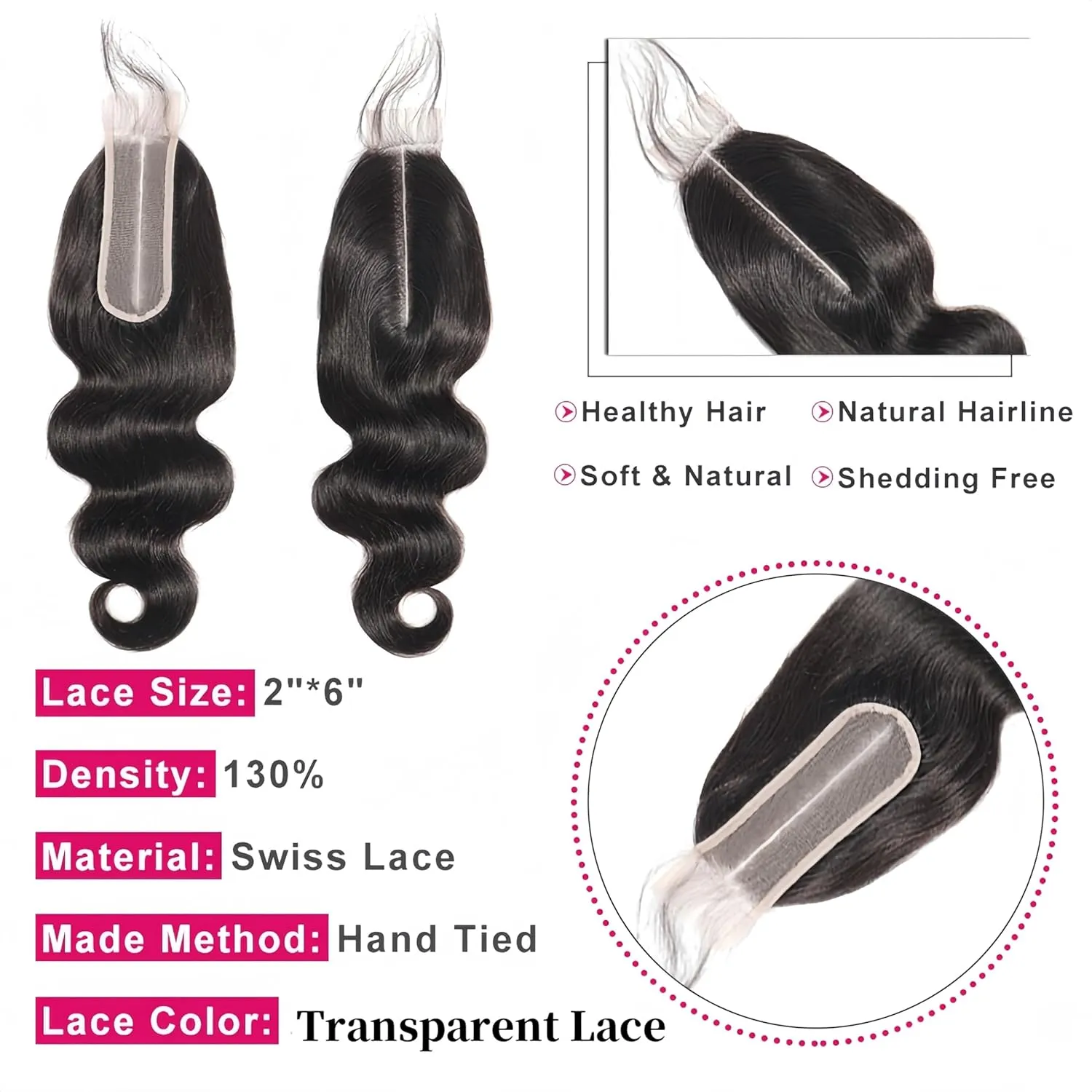 Brazilian 2x6 Lace Closure Body Wave Remy Human Hair Transparent Lace Closure With Baby Hair Deep Middle Part Kim K Lace Closure (8 inch)