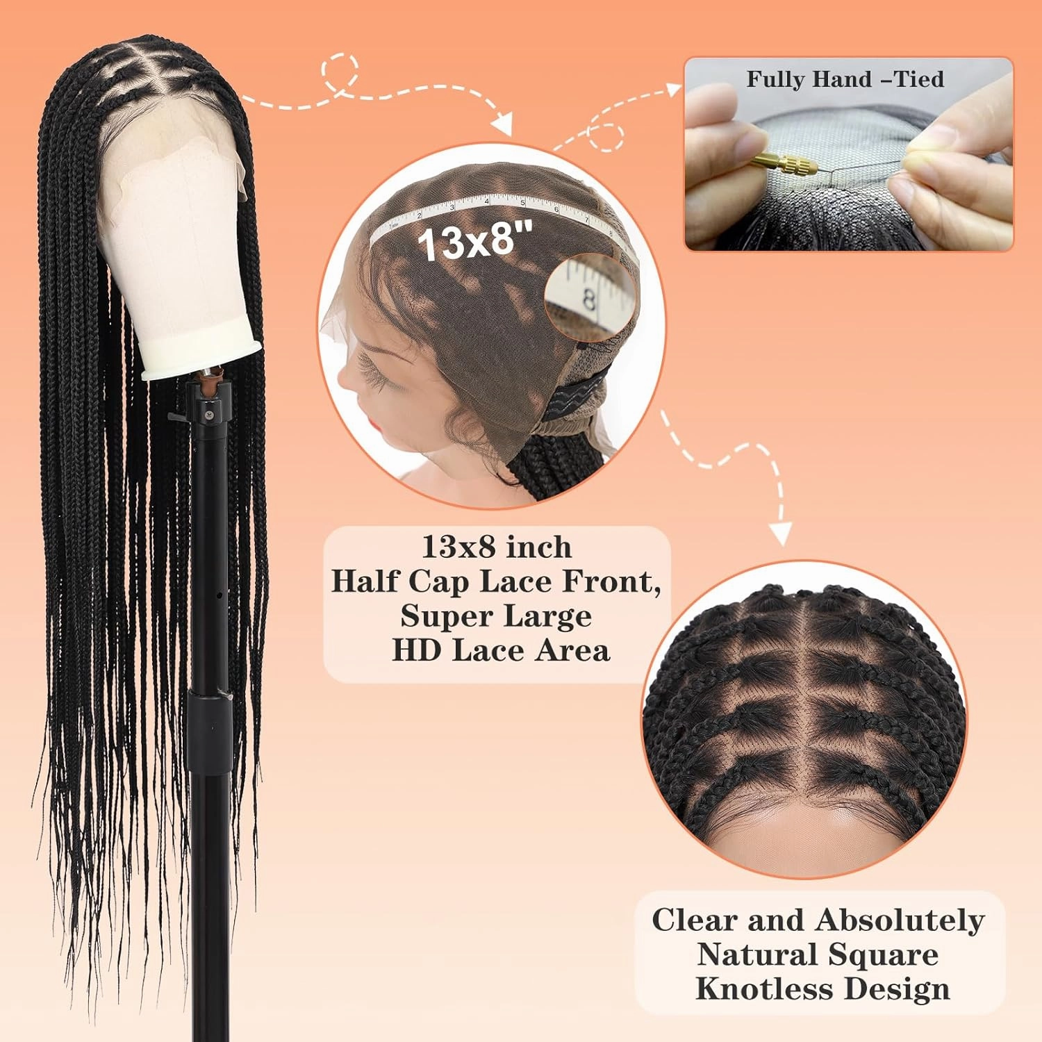 Brinbea 36'' 13X8" HD Lace Front Knotless Braided Wigs for Women Box Braid Wig with Baby Hair Braided Lace Front Wigs Premium Synthetic Braid Wig Natural Long Black