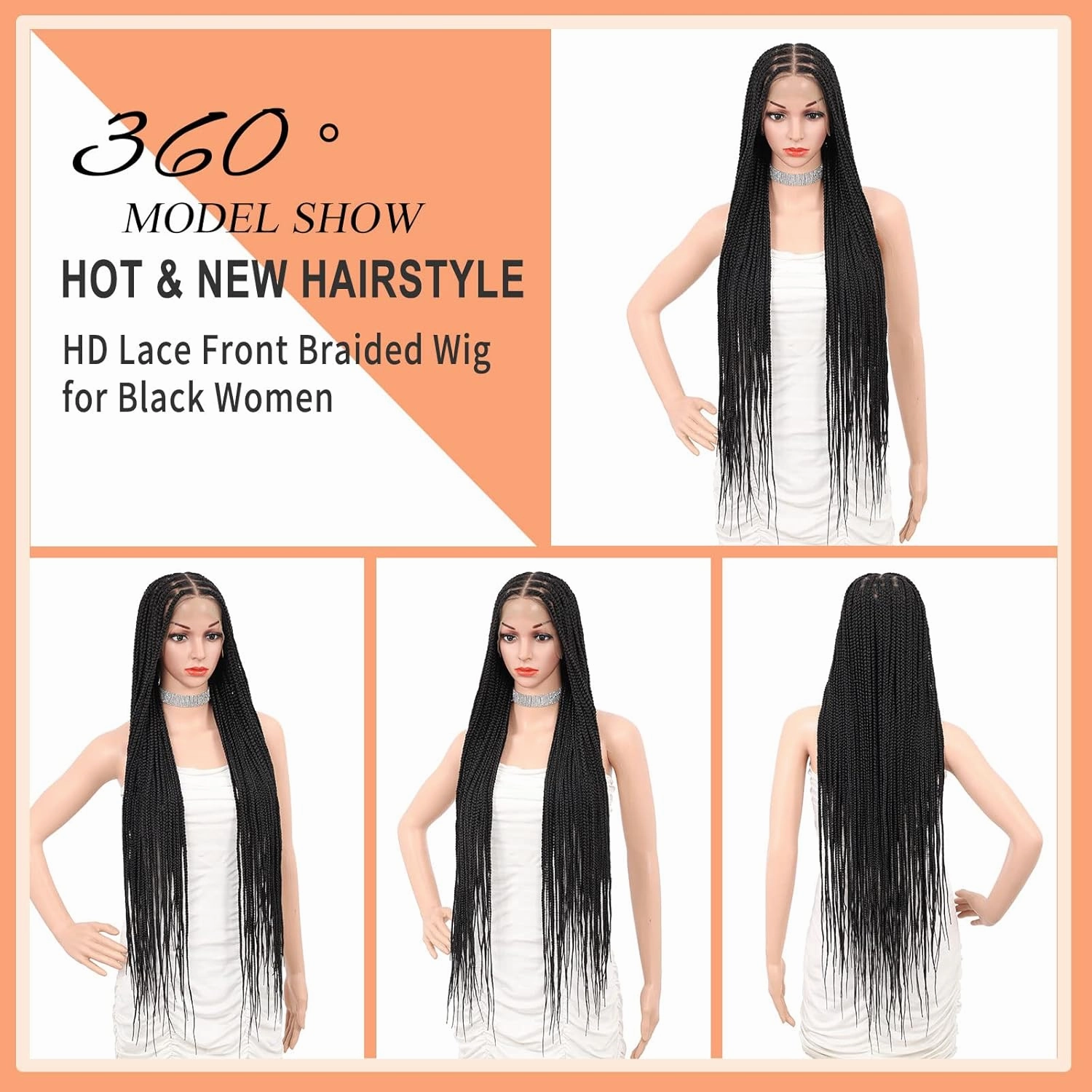 Brinbea 36'' 13X8" HD Lace Front Knotless Braided Wigs for Women Box Braid Wig with Baby Hair Braided Lace Front Wigs Premium Synthetic Braid Wig Natural Long Black