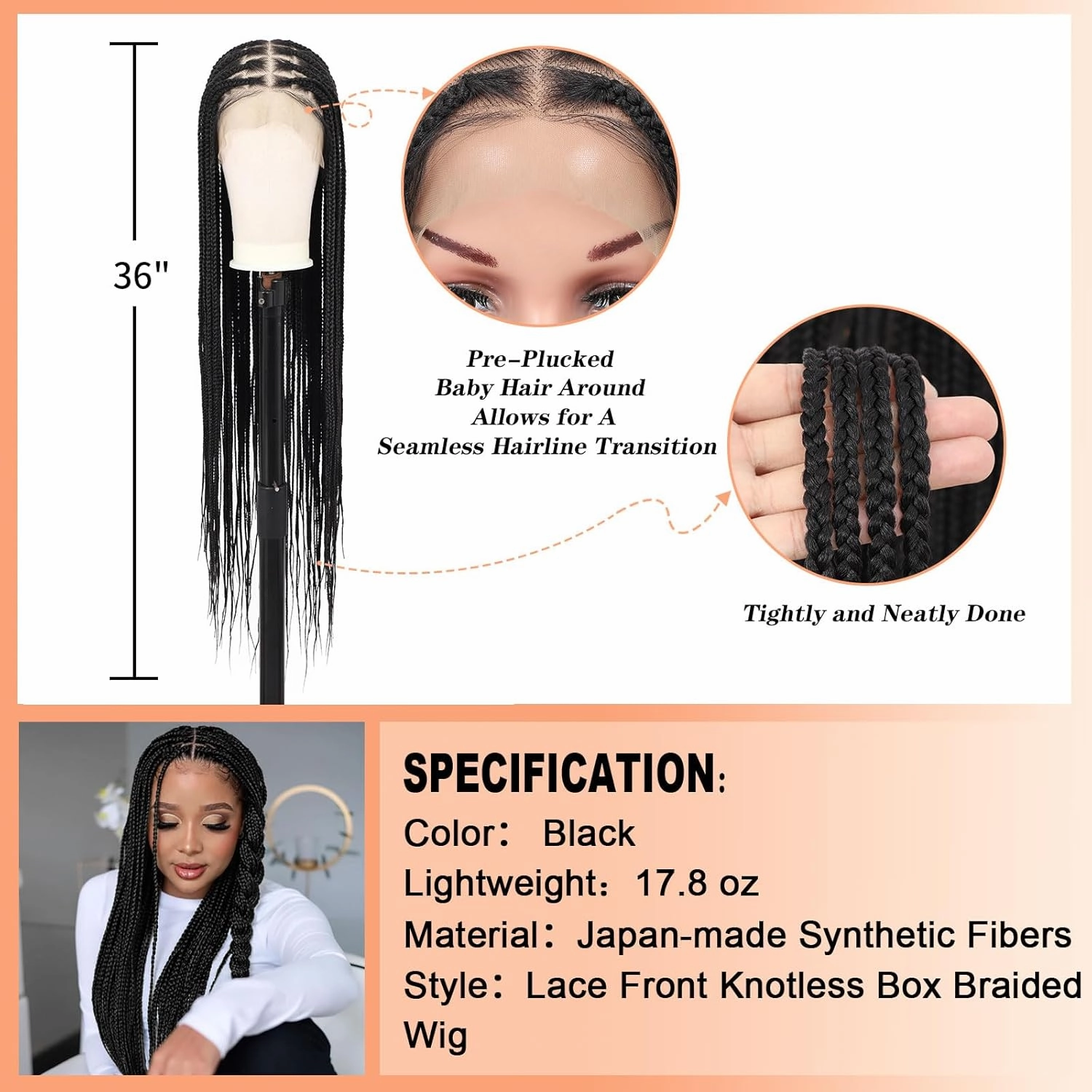 Brinbea 36'' 13X8" HD Lace Front Knotless Braided Wigs for Women Box Braid Wig with Baby Hair Braided Lace Front Wigs Premium Synthetic Braid Wig Natural Long Black
