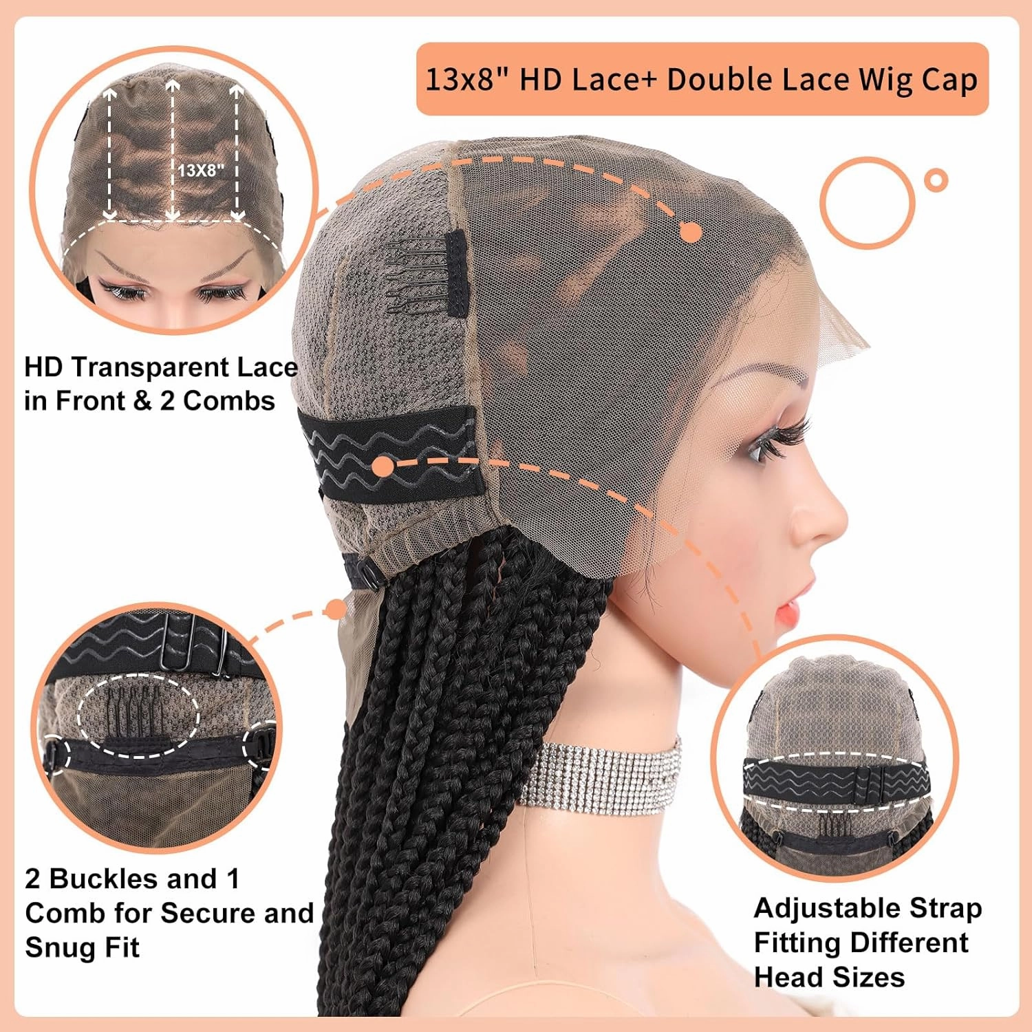 Brinbea 36'' 13X8" HD Lace Front Knotless Braided Wigs for Women Box Braid Wig with Baby Hair Braided Lace Front Wigs Premium Synthetic Braid Wig Natural Long Black