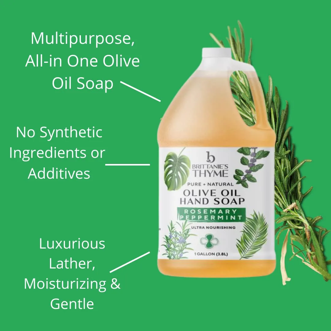 Brittanie's Pure Organic Castile Liquid Olive Oil Soap Refill, Rosemary Peppermint, 1 Gallon | Face, Body Wash, Dishes, Pets & Laundry | Vegan & Gluten Free Non-GMO
