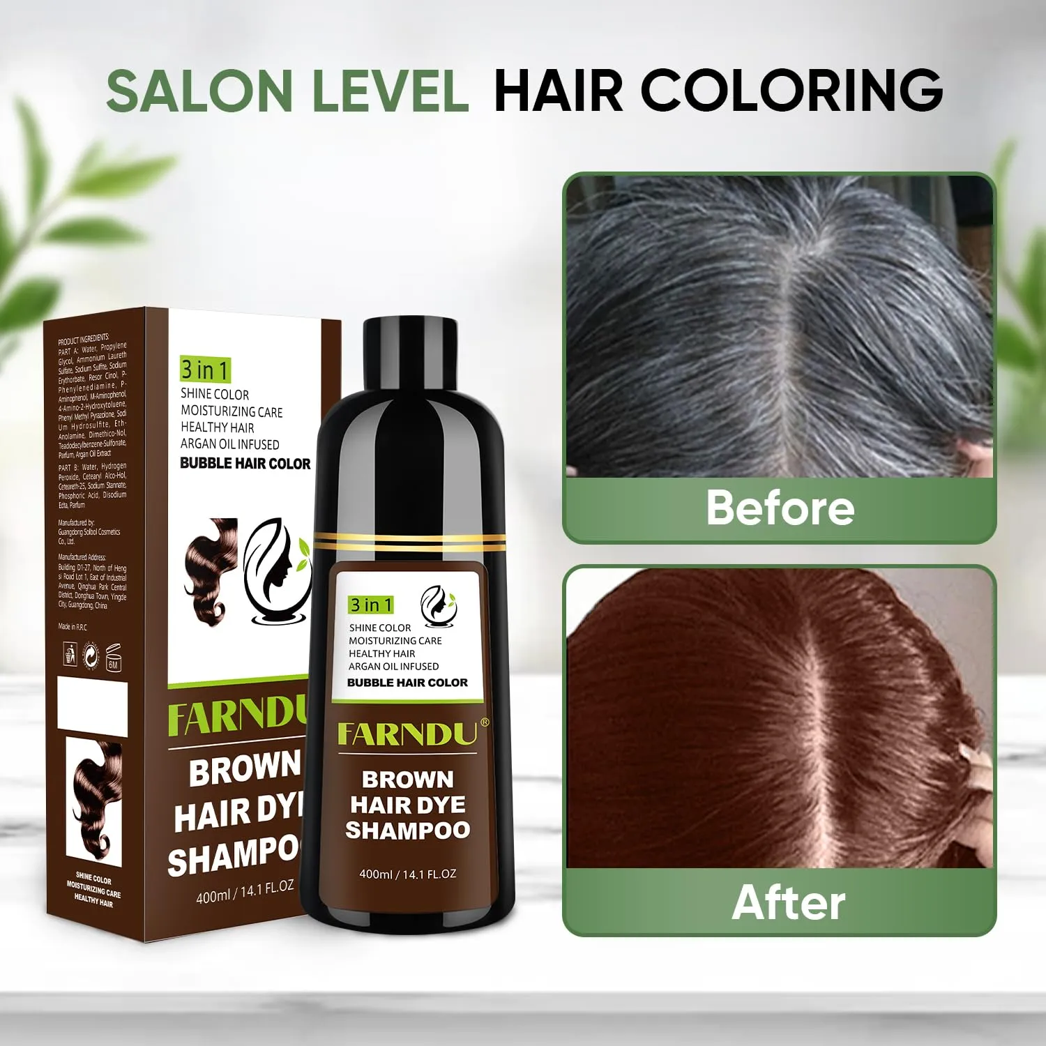 Brown Hair Dye Shampoo for Women Men, 100% Gray Hair Coverage, Natural Herbal Ingredients