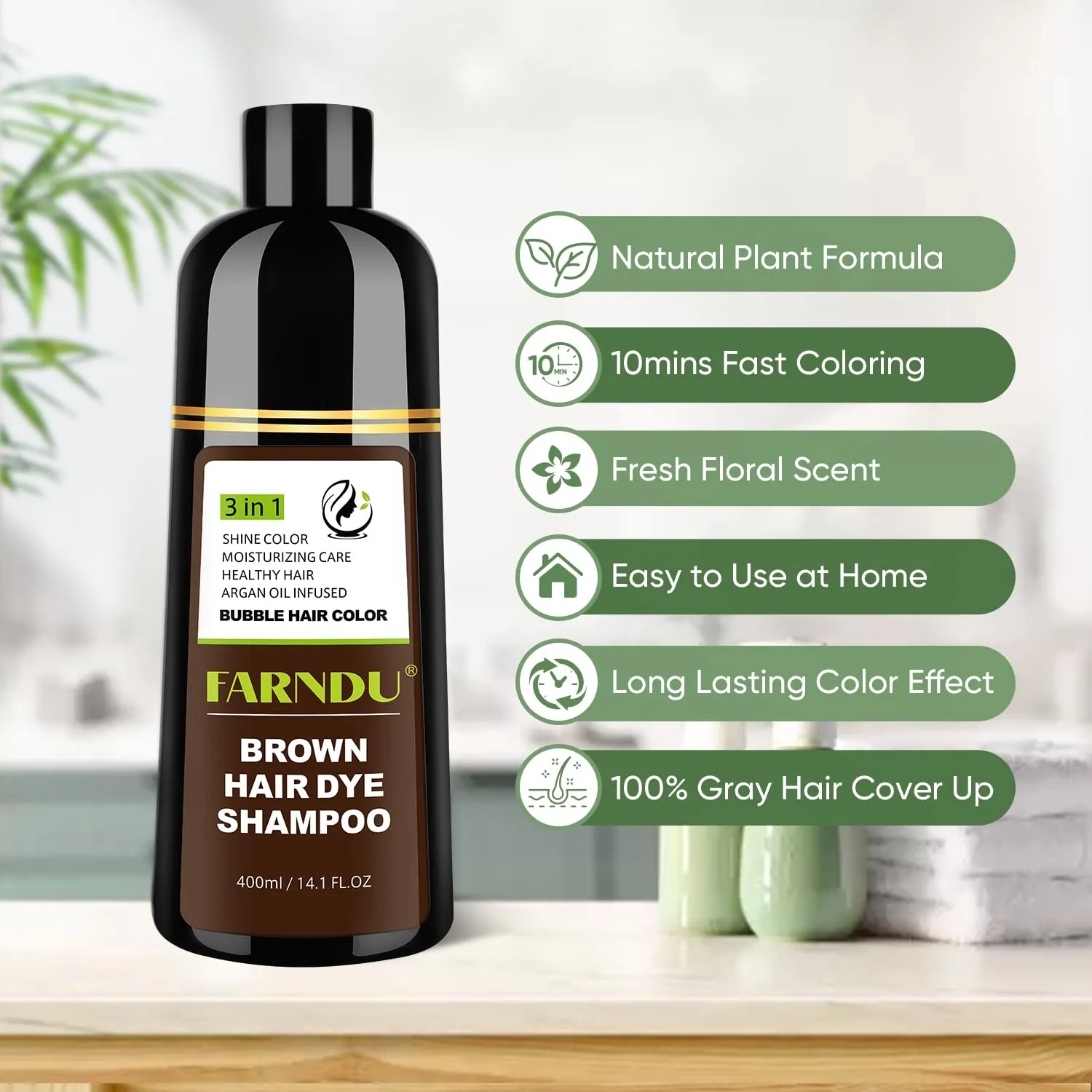 Brown Hair Dye Shampoo for Women Men, 100% Gray Hair Coverage, Natural Herbal Ingredients
