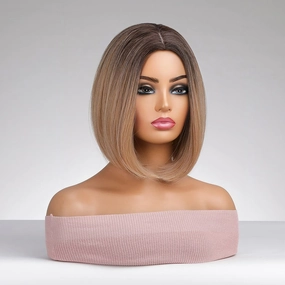 Brown Blonde Short Wig Straight Bob Hair Wigs for Women Girls Ombre Synthetic Heat Resistant Costume Daily Wig with Wig Cap