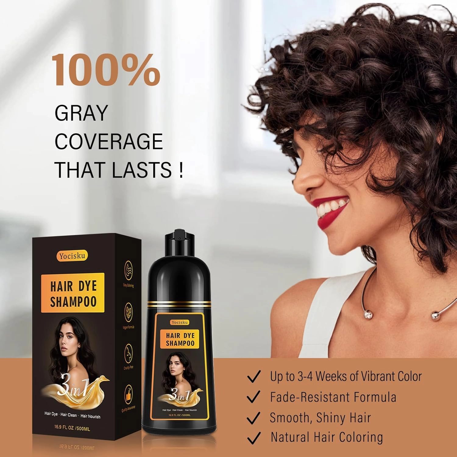 Brown Hair Dye Shampoo for Gray Coverage, Instant Hair Color Shampoo, Long Lasting Brown Hair Shampoo, Champu Para Canas, Gentle & Fast, Easy to Use, 16.90 Fl Oz