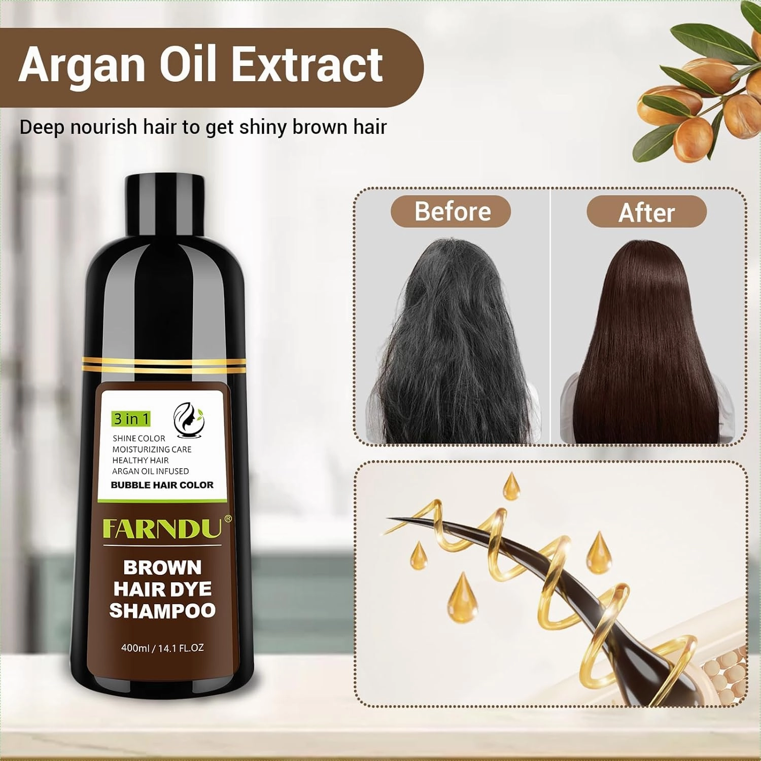 Brown Hair Dye Shampoo for Women Men, Gray Hair Coverage within 15 Mins, Natural Argan Oil 3 in 1 Hair Color Shampoo
