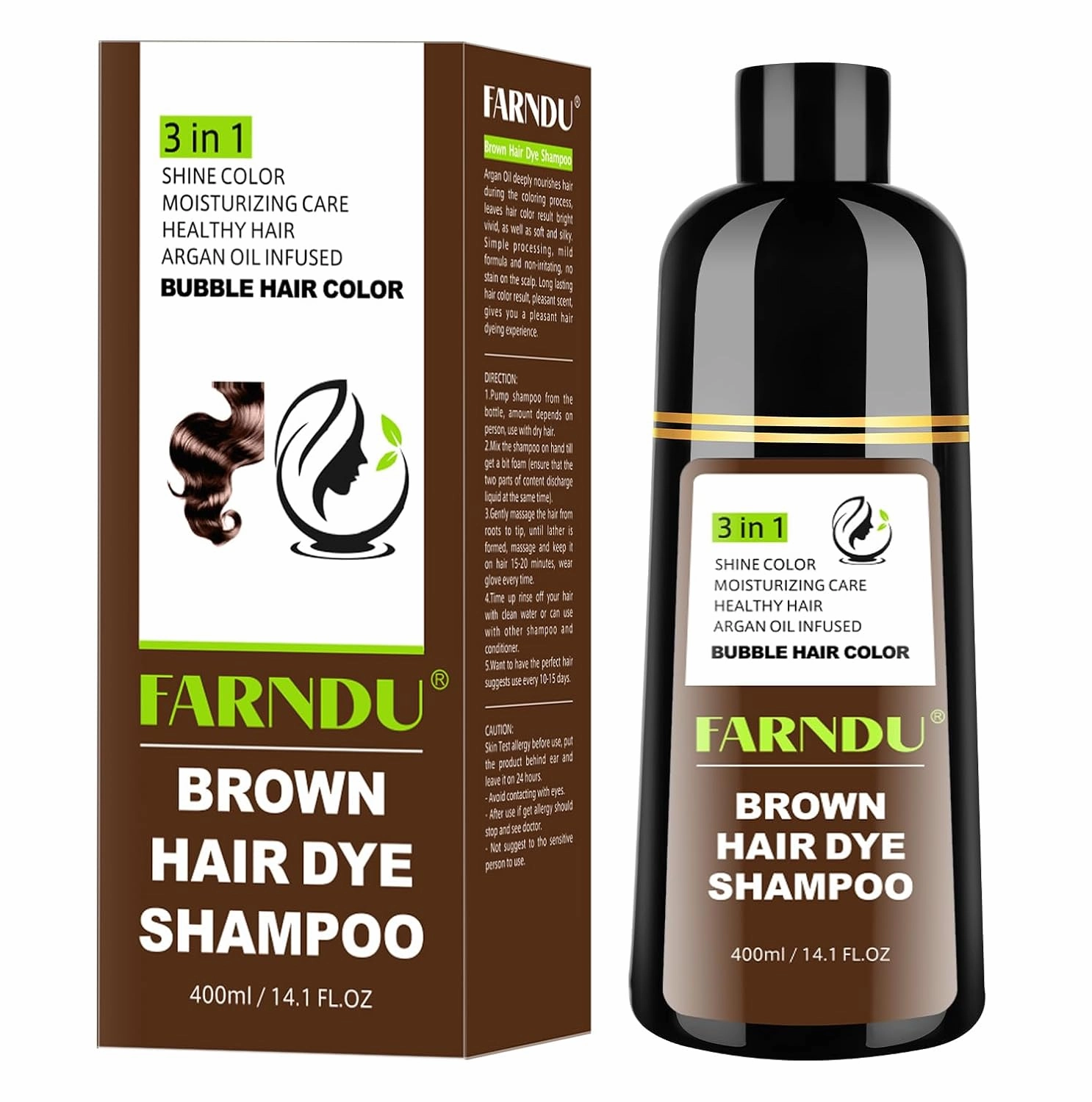 Brown Hair Dye Shampoo for Women Men, Gray Hair Coverage within 15 Mins, Natural Argan Oil 3 in 1 Hair Color Shampoo
