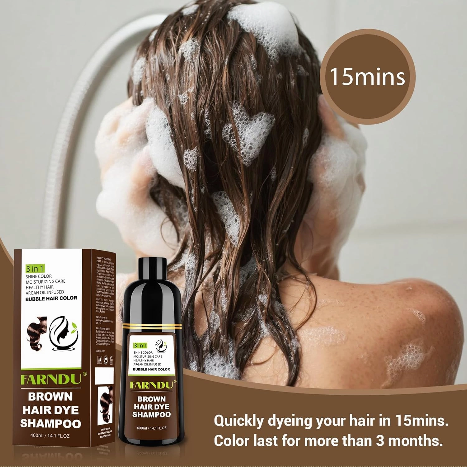 Brown Hair Dye Shampoo for Women Men, Gray Hair Coverage within 15 Mins, Natural Argan Oil 3 in 1 Hair Color Shampoo