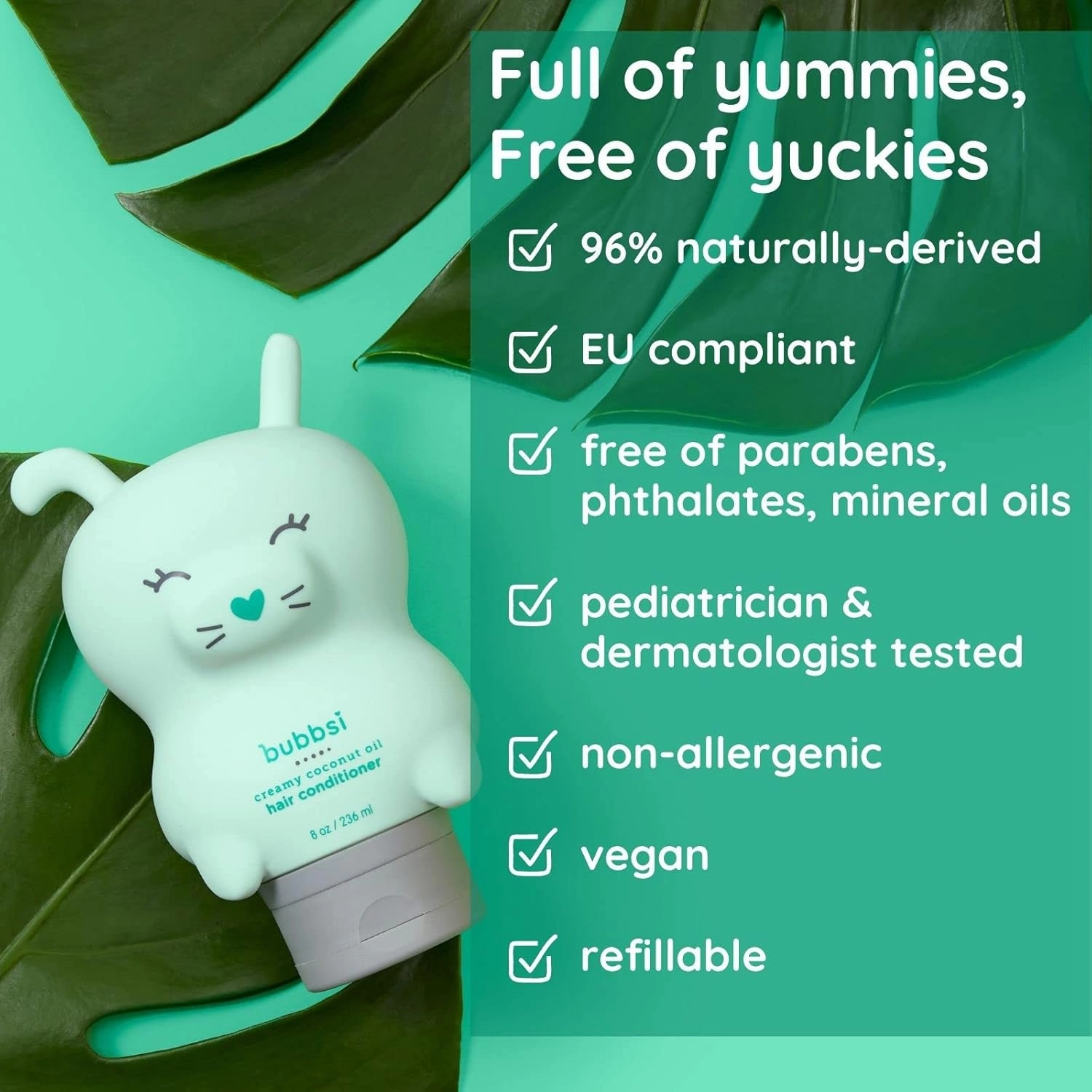 Bubbsi Creamy Coconut Oil Hair Conditioner for Kids, Baby | Light Natural Scent | Won't irritate eyes | Organic Coconut Oil   Shea | Sulfate-free, Nourishing | Curly or Dry Hair (Refill Pouch, 32oz)