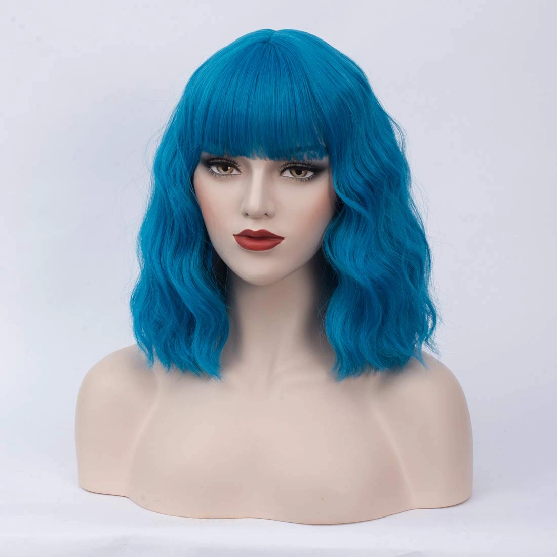 BUFASHION 14" Women Short Wavy Curly Wig Blue Bob Wig Cosplay Halloween Synthetic Wigs Wigs With Neat Bang Wig With Free Wig Cap (Blue 1)