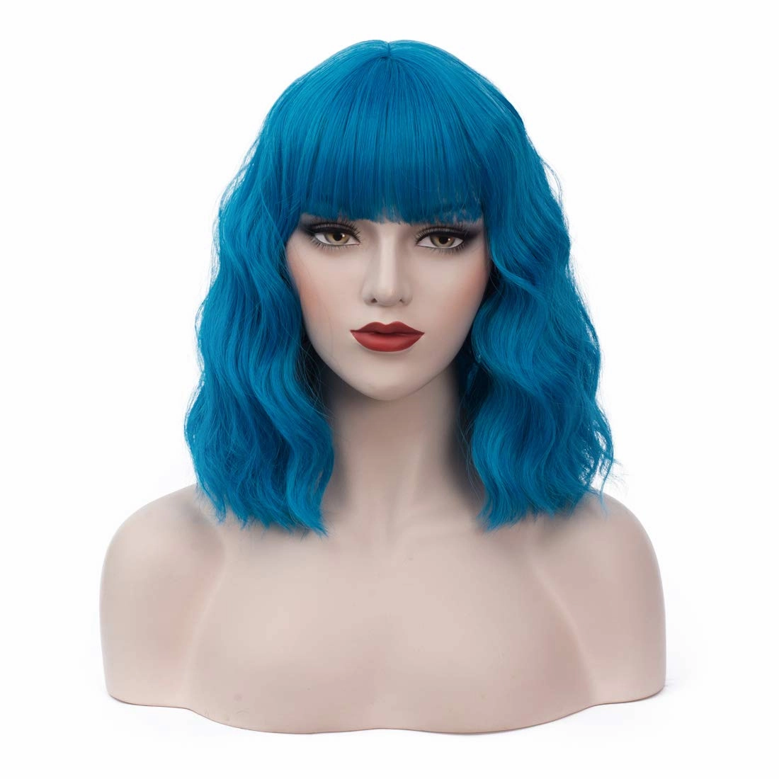 BUFASHION 14" Women Short Wavy Curly Wig Blue Bob Wig Cosplay Halloween Synthetic Wigs Wigs With Neat Bang Wig With Free Wig Cap (Blue 1)