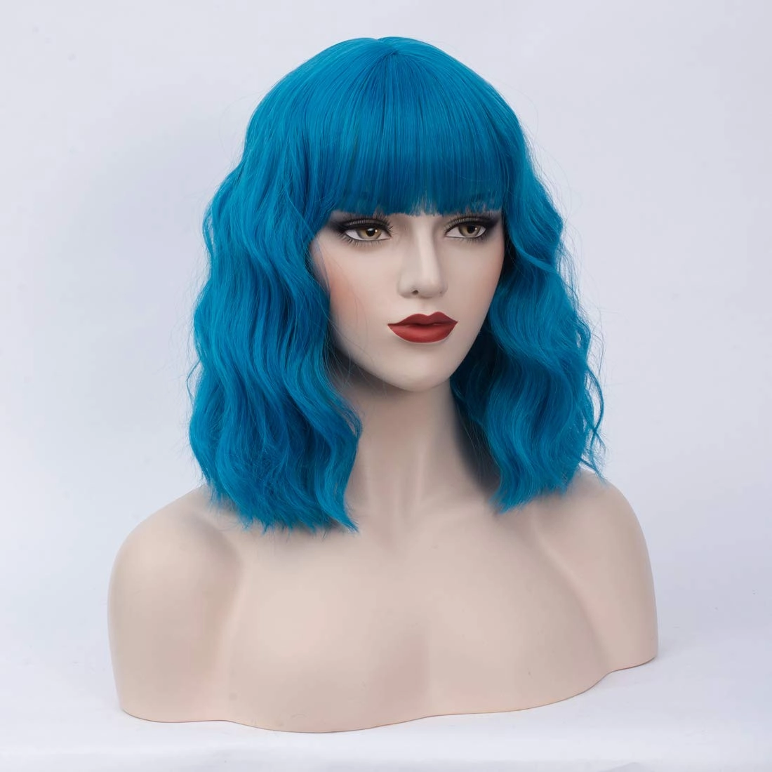 BUFASHION 14" Women Short Wavy Curly Wig Blue Bob Wig Cosplay Halloween Synthetic Wigs Wigs With Neat Bang Wig With Free Wig Cap (Blue 1)