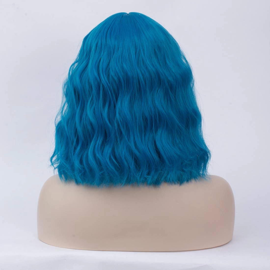 BUFASHION 14" Women Short Wavy Curly Wig Blue Bob Wig Cosplay Halloween Synthetic Wigs Wigs With Neat Bang Wig With Free Wig Cap (Blue 1)