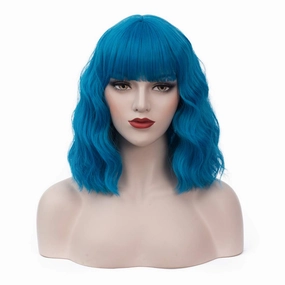 BUFASHION 14" Women Short Wavy Curly Wig Blue Bob Wig Cosplay Halloween Synthetic Wigs Wigs With Neat Bang Wig With Free Wig Cap (Blue 1)