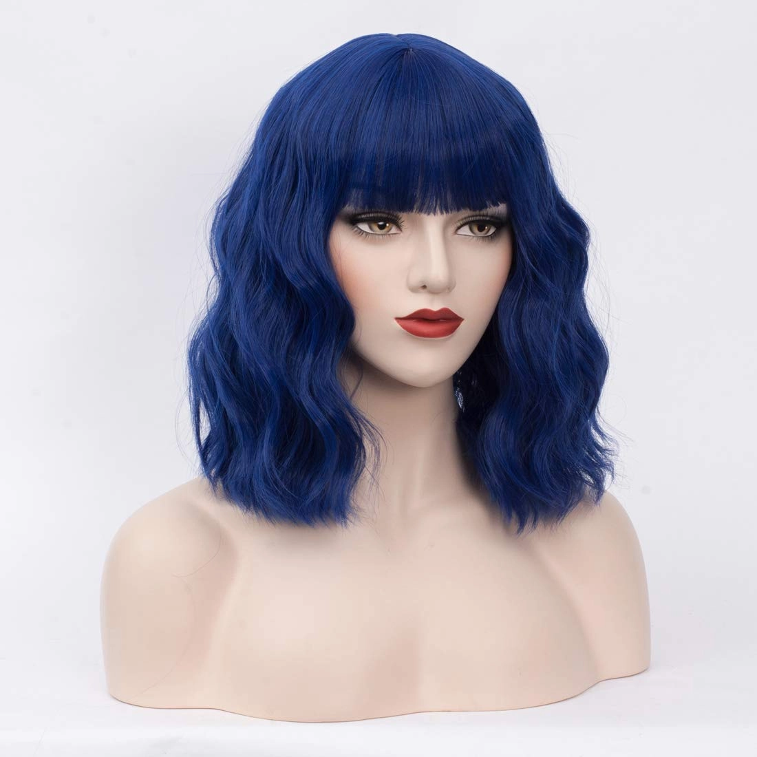 BUFASHION 14" Women Short Wavy Curly Wig Dark Blue Bob Cosplay Halloween Synthetic Wigs With Neat Bang With Free Wig Cap (Dark Blue 1)