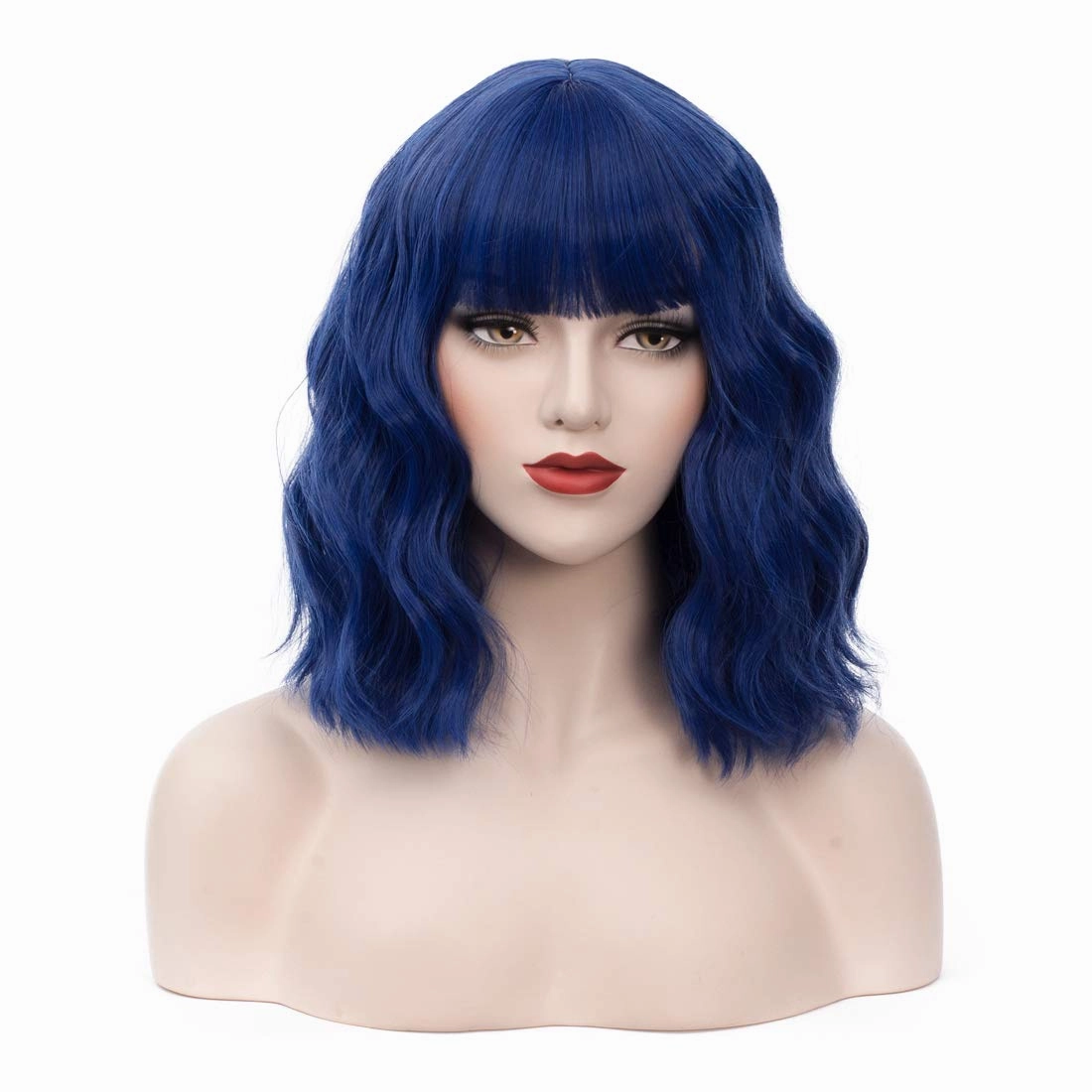 BUFASHION 14" Women Short Wavy Curly Wig Dark Blue Bob Cosplay Halloween Synthetic Wigs With Neat Bang With Free Wig Cap (Dark Blue 1)
