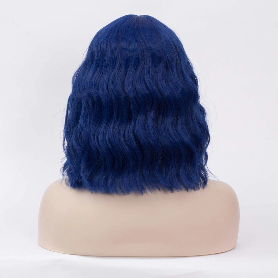 BUFASHION 14" Women Short Wavy Curly Wig Dark Blue Bob Cosplay Halloween Synthetic Wigs With Neat Bang With Free Wig Cap (Dark Blue 1)