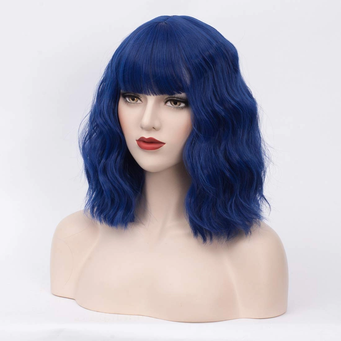 BUFASHION 14" Women Short Wavy Curly Wig Dark Blue Bob Cosplay Halloween Synthetic Wigs With Neat Bang With Free Wig Cap (Dark Blue 1)