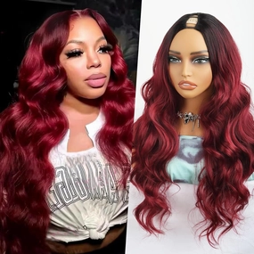 BUG V Part Wig Long Body Wavy Wig Upgrade U Part Synthetic Hair for Black Women Burgundy 24Inch Curly Full Head Clip In Hair Glueless Natural Wavy Women Wigs(Burgundy)