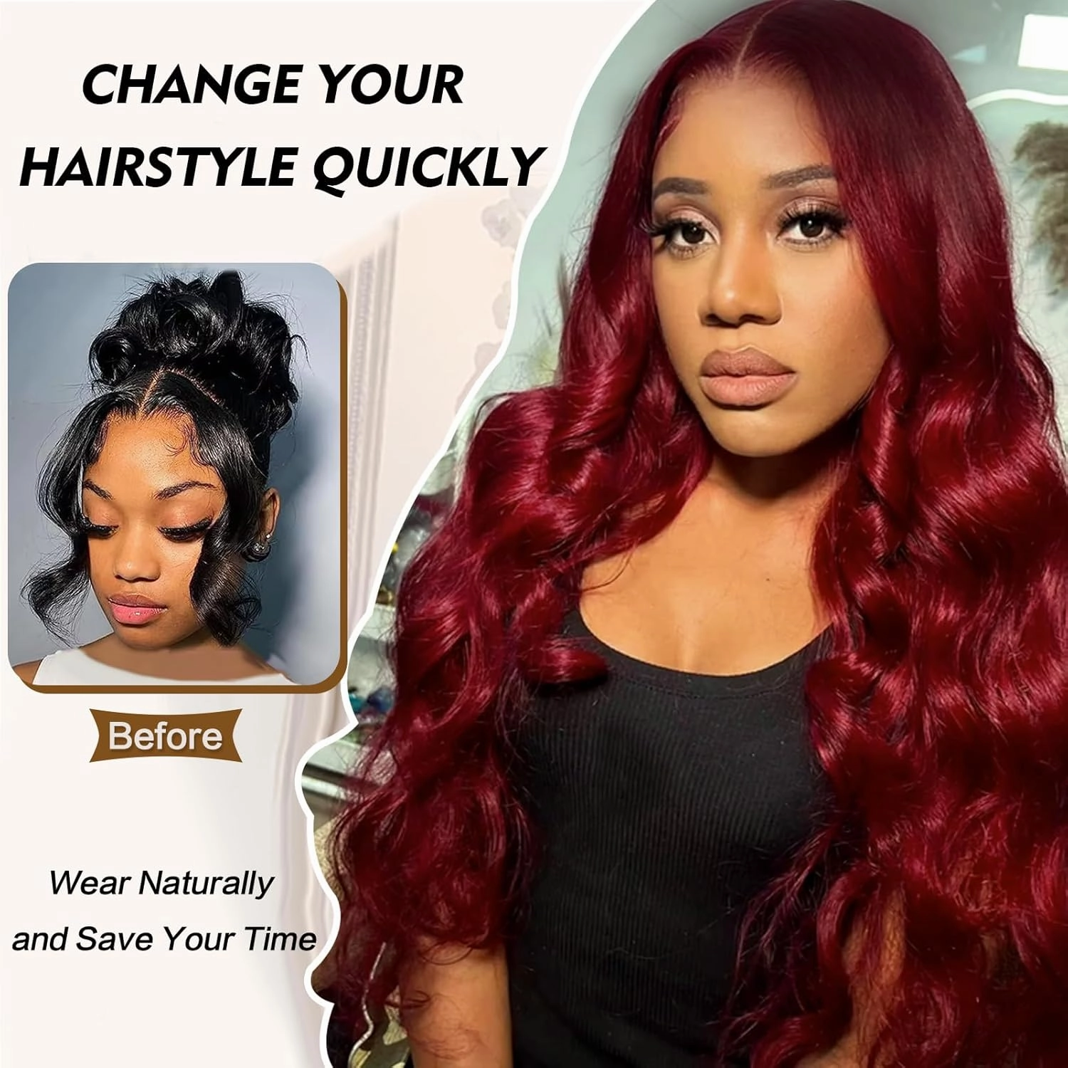 BUG V Part Wig Long Body Wavy Wig Upgrade U Part Synthetic Hair for Black Women Burgundy 24Inch Curly Full Head Clip In Hair Glueless Natural Wavy Women Wigs(Burgundy)