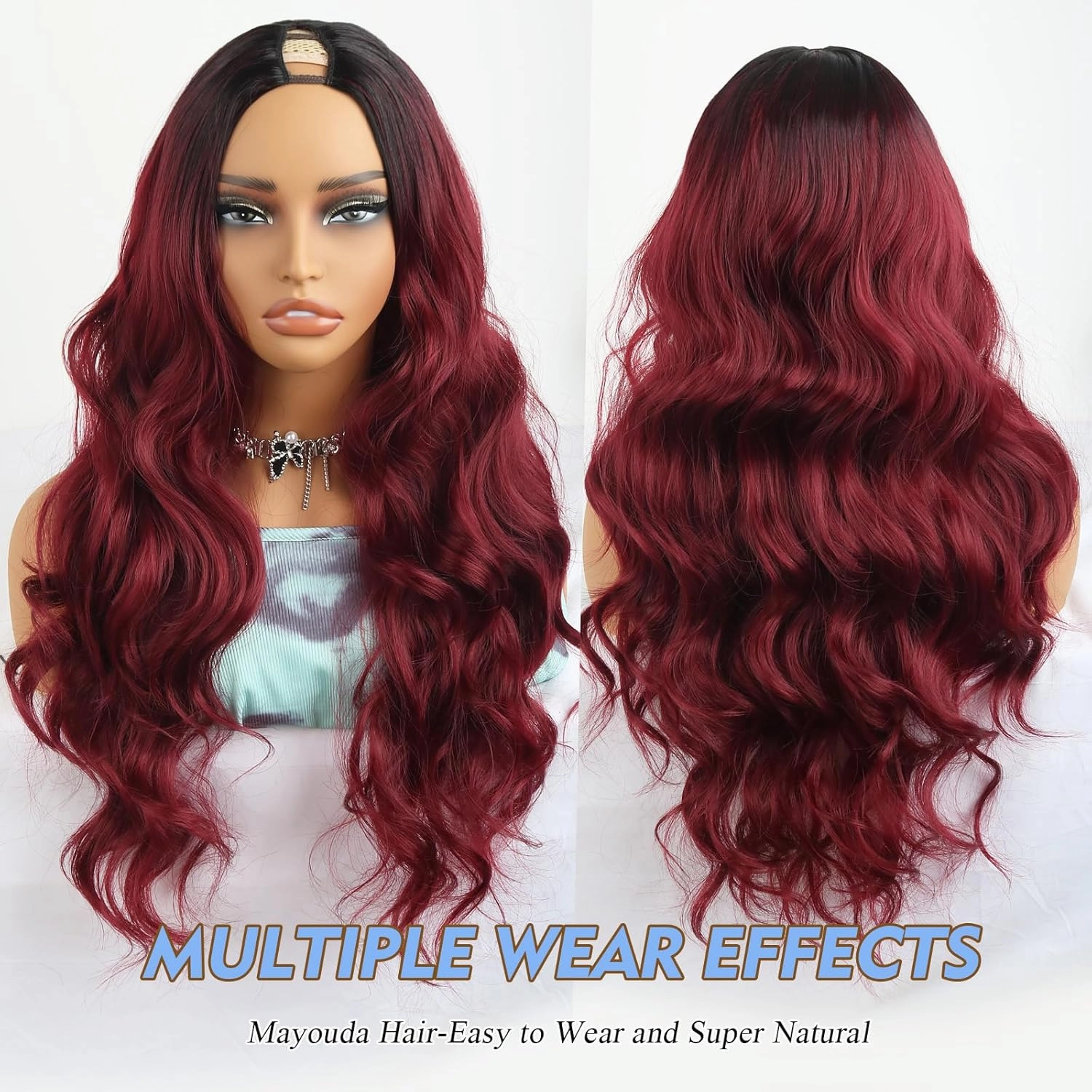 BUG V Part Wig Long Body Wavy Wig Upgrade U Part Synthetic Hair for Black Women Burgundy 24Inch Curly Full Head Clip In Hair Glueless Natural Wavy Women Wigs(Burgundy)