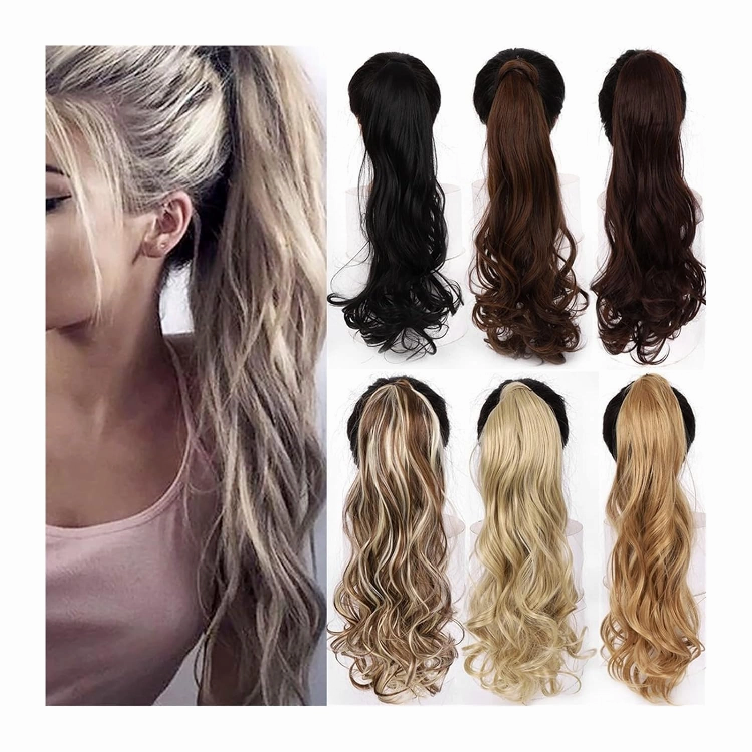 Bun Hair Pieces for Women 22" Long Wavy Ponytail Lengthening Synthetic Curly Wraparound Ponytail Hair Extension Hair Clip Women Wig Curly Bun Messy Bun Hair Piece(07)