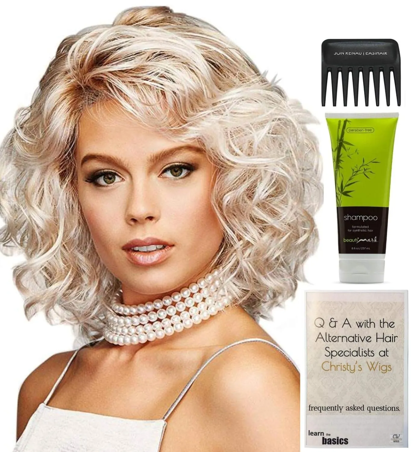 Bundle - 4 items: Curl Up Wig by Gabor, Christy's Wigs Q & A Booklet, BeautiMark Synthetic Shampoo & Wide Tooth Comb - Color: GL15-26SS