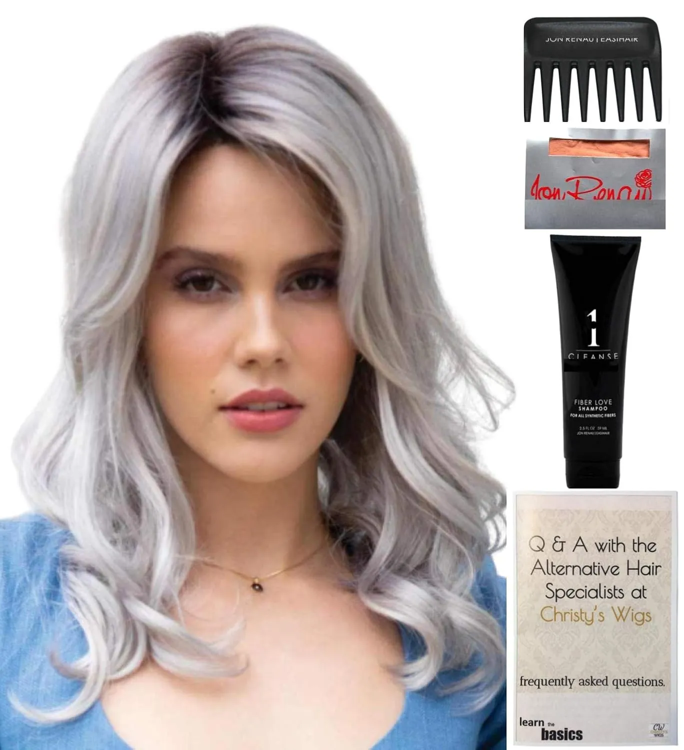 Bundle - 5 items: Ensley Wig by Rene Paris, Christy's Wigs Q & A Booklet, 2oz Travel Size Wig Shampoo, Wig Cap & Wide Tooth Comb - Color: Silver Frost
