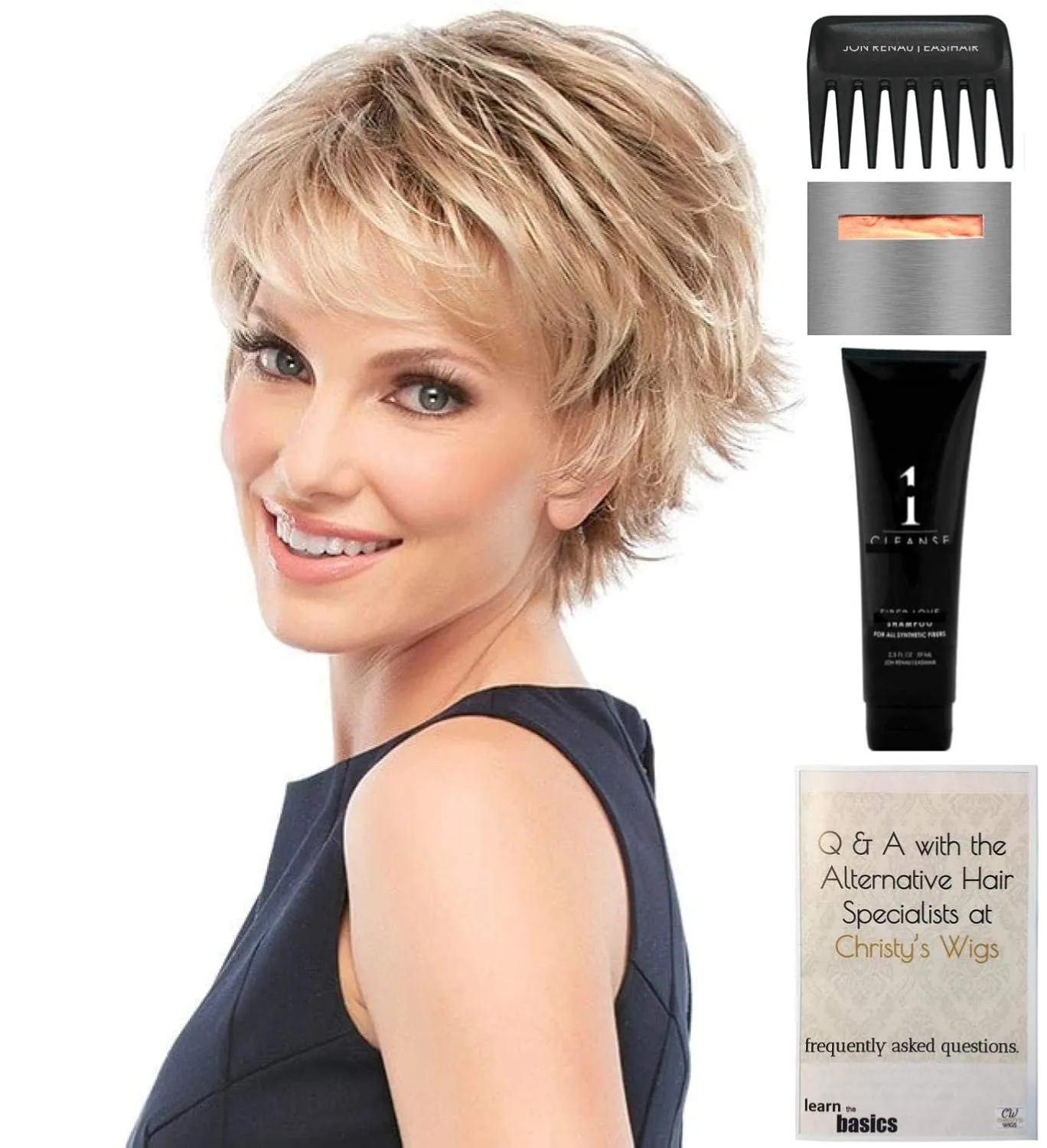 Bundle - 5 Items: Jazz Petite Wig by Jon Renau, Christy's Wigs Q & A Booklet, 2oz Travel Size Wig Shampoo, Wig Cap & Wide Tooth Comb - Color: 27
