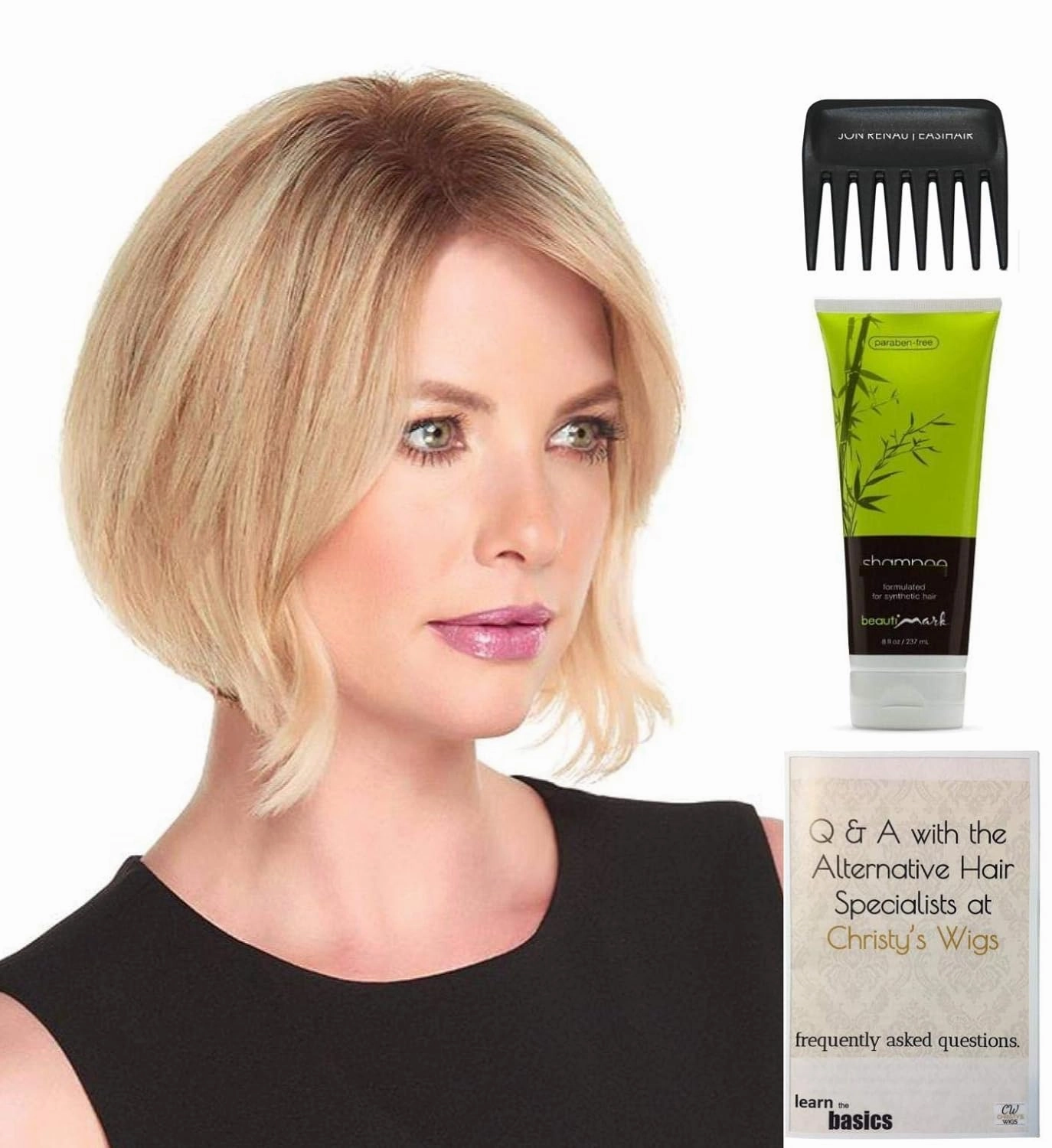 Bundle - 4 Items: easiPart HD XL 8" HAIRPIECE by Jon Renau, Christy's Wigs Q & A Booklet, BeautiMark Synthetic Shampoo & Wide Tooth Comb - Color: FS2V/31V