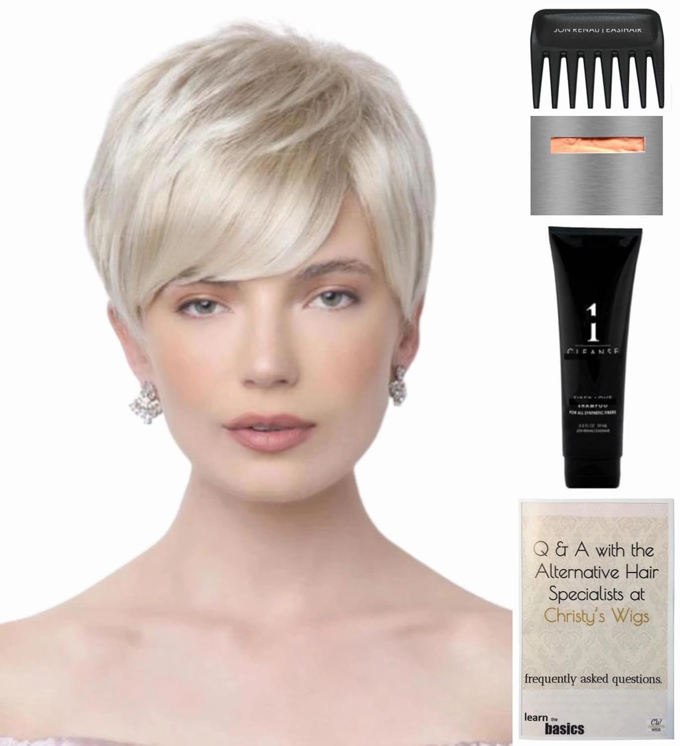 Bundle - 5 Items: Amara Wig by Rene of Paris, Christy's Wigs Q & A Booklet, 2oz Travel Size Wig Shampoo, Wig Cap & Wide Tooth Comb - Color: Maple Sugar-R