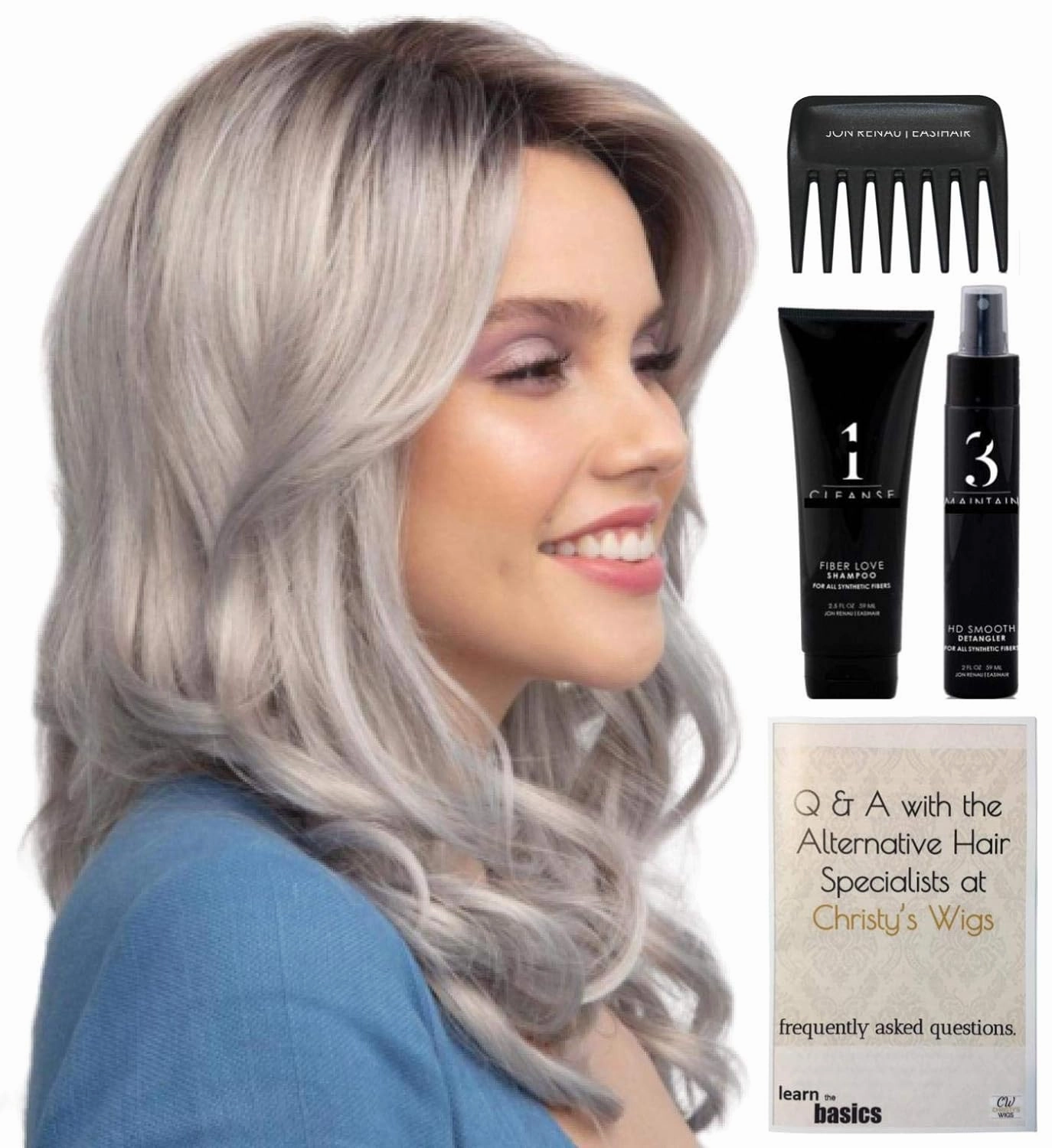 Bundle - 5 items: Ensley Wig by Rene Paris, Christy's Wigs Q & A Booklet, 2oz Travel Size Wig Shampoo, HD Smooth and Wide Tooth Comb - Color: Chocolate Pretzel