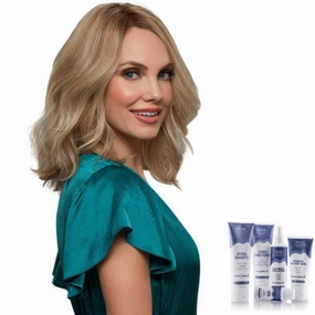 Bundle - 7 Items: Carrie Exclusive Remy Human Hair by Jon Renau, Christy's Wigs Q & A Booklet, BeautiMark Hydra Shampoo Conditioner Mask Protect Leave-In Spray Shine Serum - Color: 24B22RN
