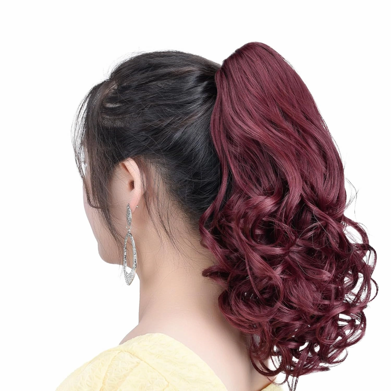 Burgundy Ponytail Hair Extensions Synthetic Claw Clip Pony Tail 14" Wavy 4.2 Oz Fake Hairpieces Women&Girls Yaki Fluffy¬ Tangled
