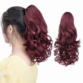 Burgundy Ponytail Hair Extensions Synthetic Claw Clip Pony Tail 14" Wavy 4.2 Oz Fake Hairpieces Women&Girls Yaki Fluffy¬ Tangled
