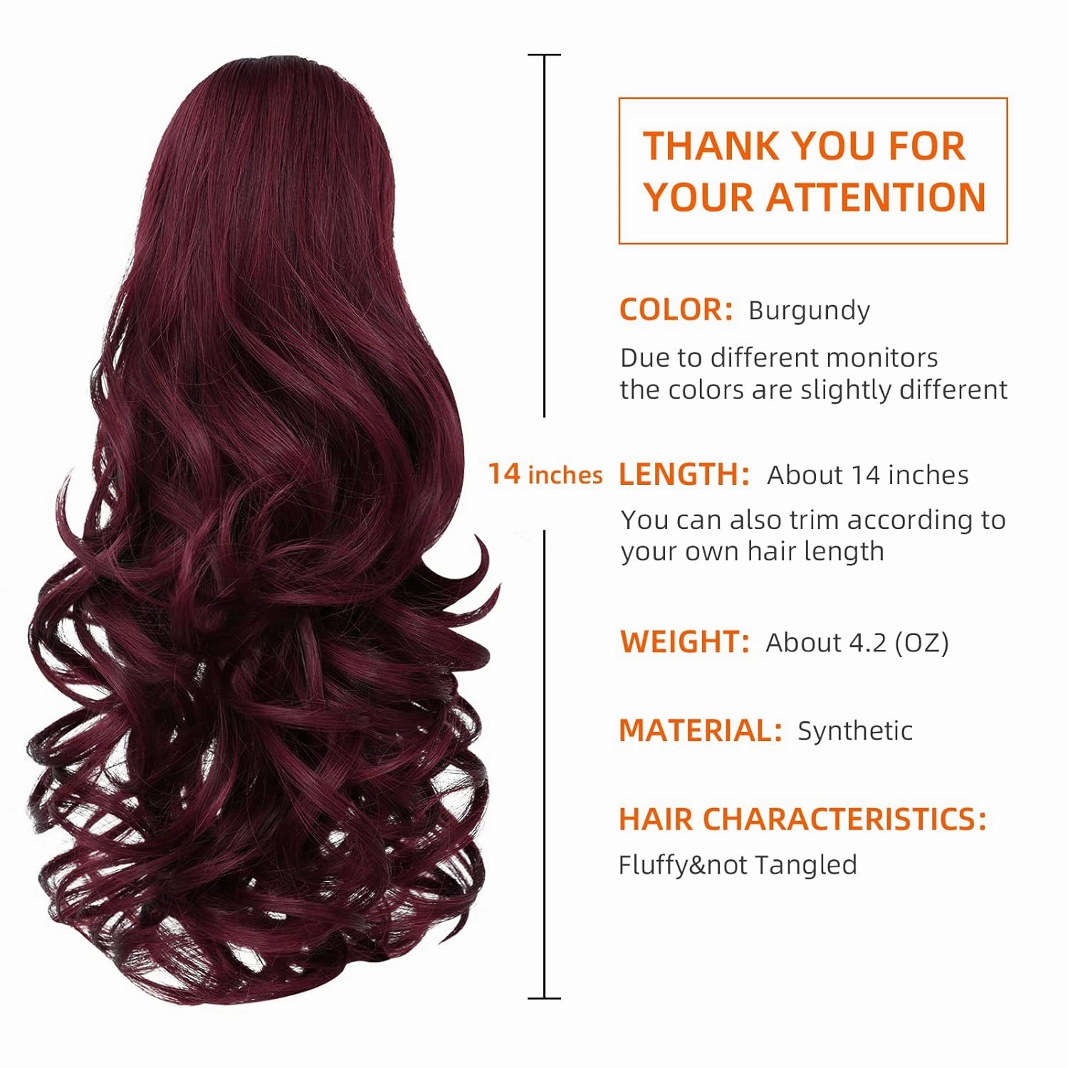 Burgundy Ponytail Hair Extensions Synthetic Claw Clip Pony Tail 14" Wavy 4.2 Oz Fake Hairpieces Women&Girls Yaki Fluffy¬ Tangled