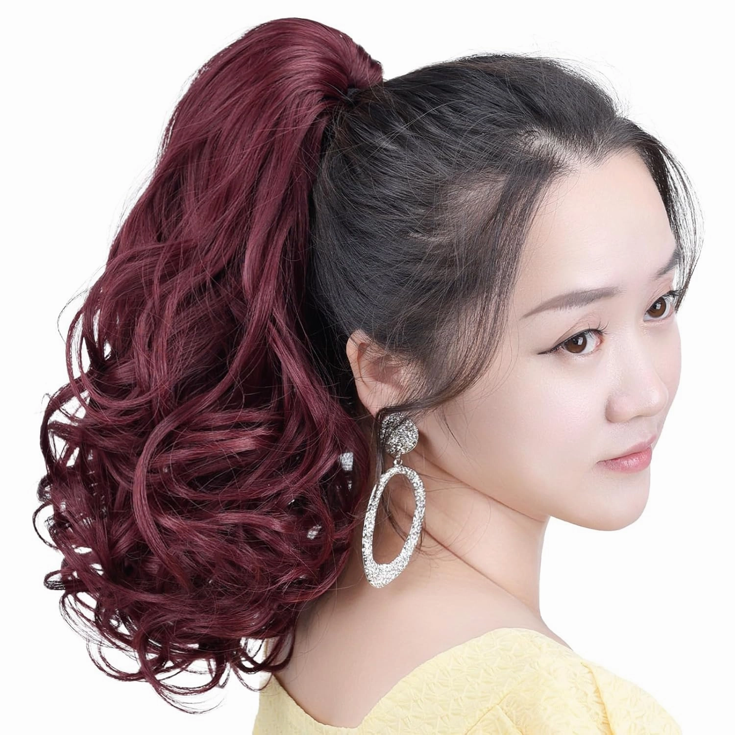 Burgundy Ponytail Hair Extensions Synthetic Claw Clip Pony Tail 14" Wavy 4.2 Oz Fake Hairpieces Women&Girls Yaki Fluffy¬ Tangled
