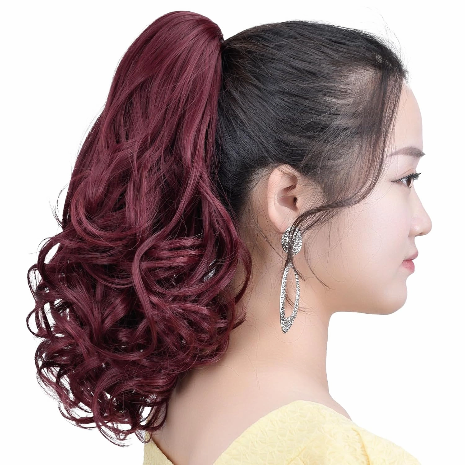 Burgundy Ponytail Hair Extensions Synthetic Claw Clip Pony Tail 14" Wavy 4.2 Oz Fake Hairpieces Women&Girls Yaki Fluffy¬ Tangled