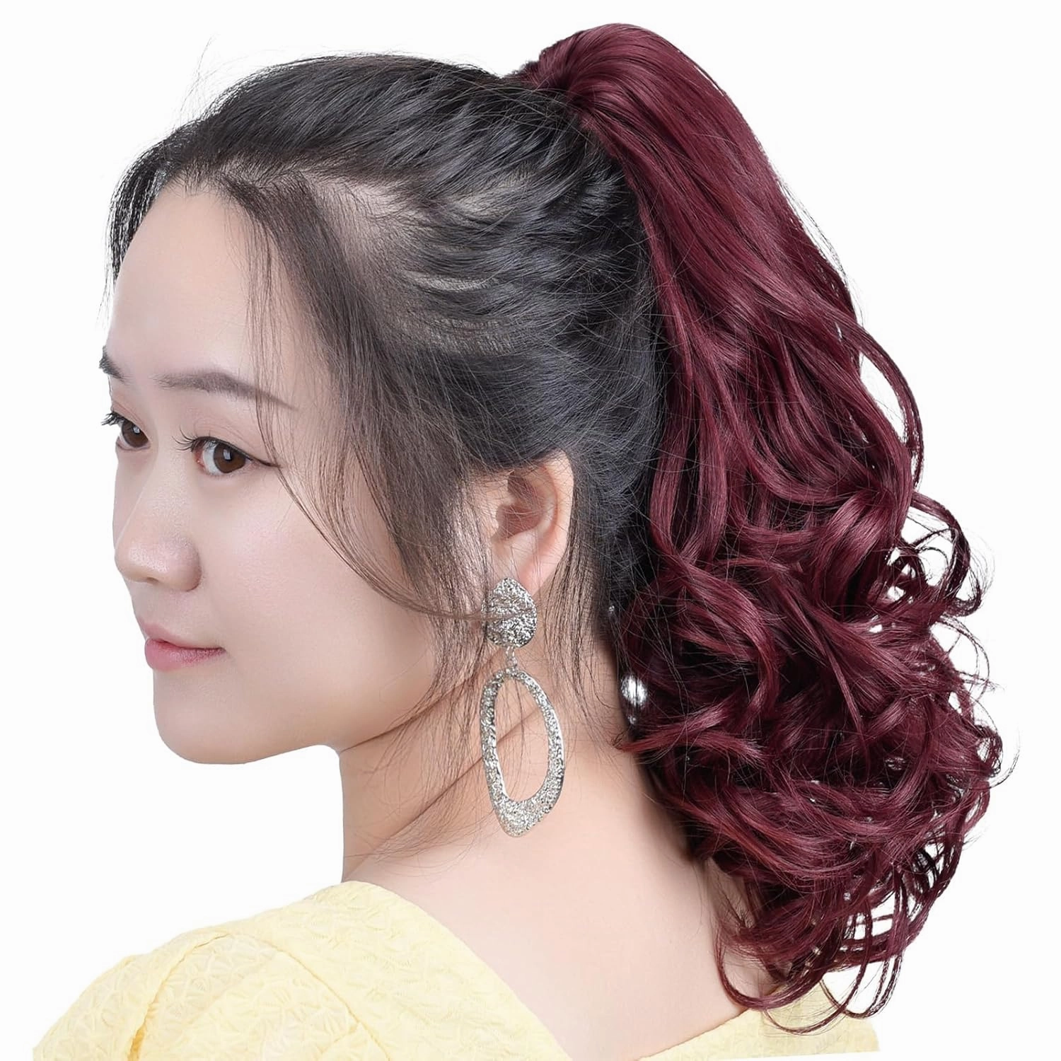 Burgundy Ponytail Hair Extensions Synthetic Claw Clip Pony Tail 14" Wavy 4.2 Oz Fake Hairpieces Women&Girls Yaki Fluffy¬ Tangled