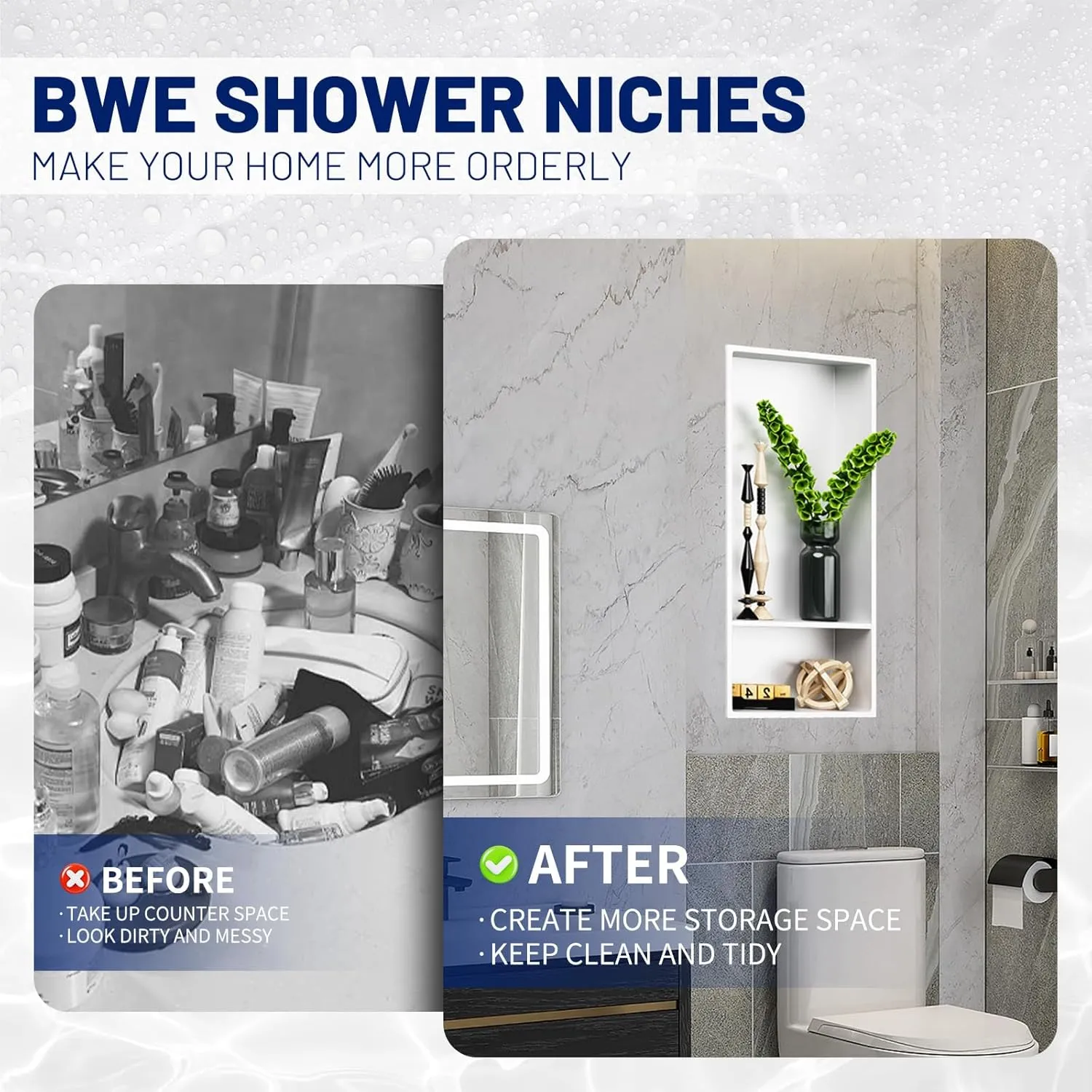 BWE 13" X 25" White Stainless Steel Shower Niche, No Tile Needed Wall Niche, Double Shelves Recessed Niche for Bathroom Storage,Over Mount Installation