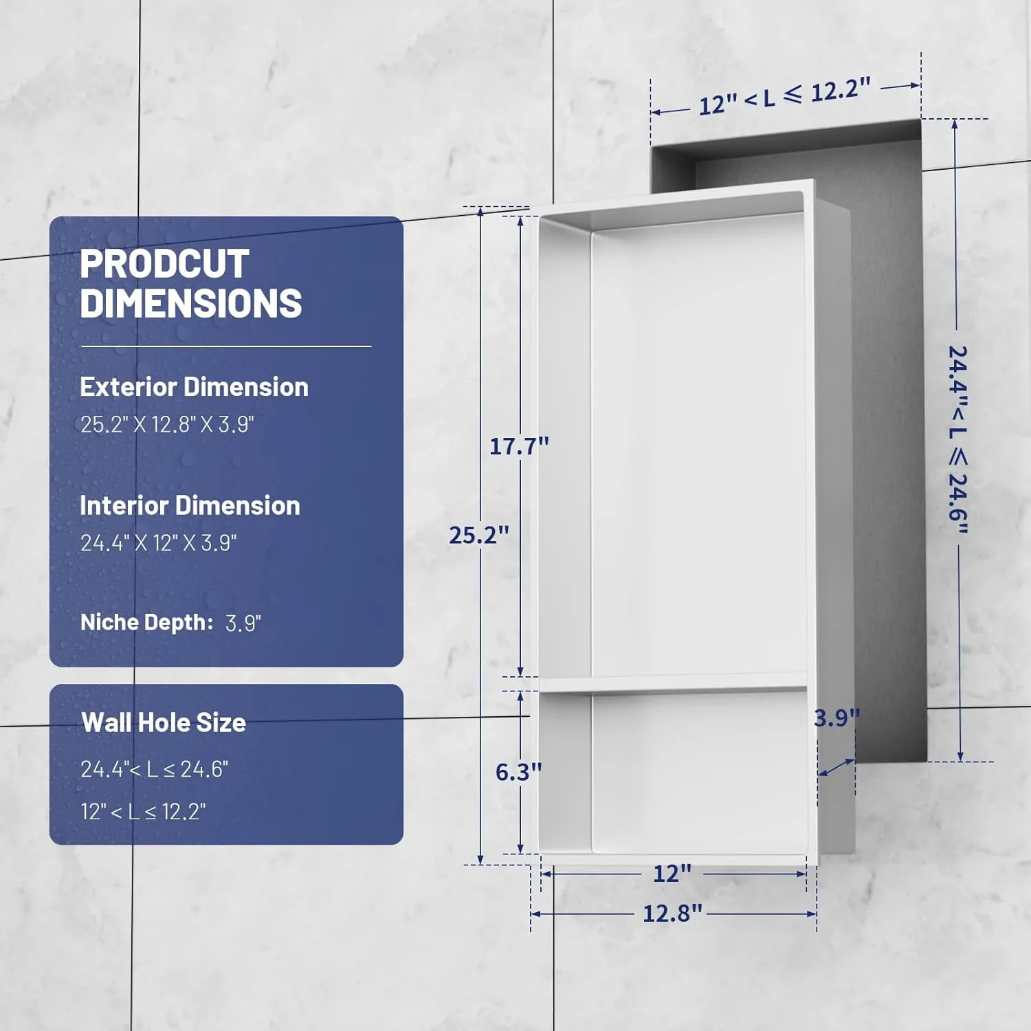 BWE 13" X 25" White Stainless Steel Shower Niche, No Tile Needed Wall Niche, Double Shelves Recessed Niche for Bathroom Storage,Over Mount Installation