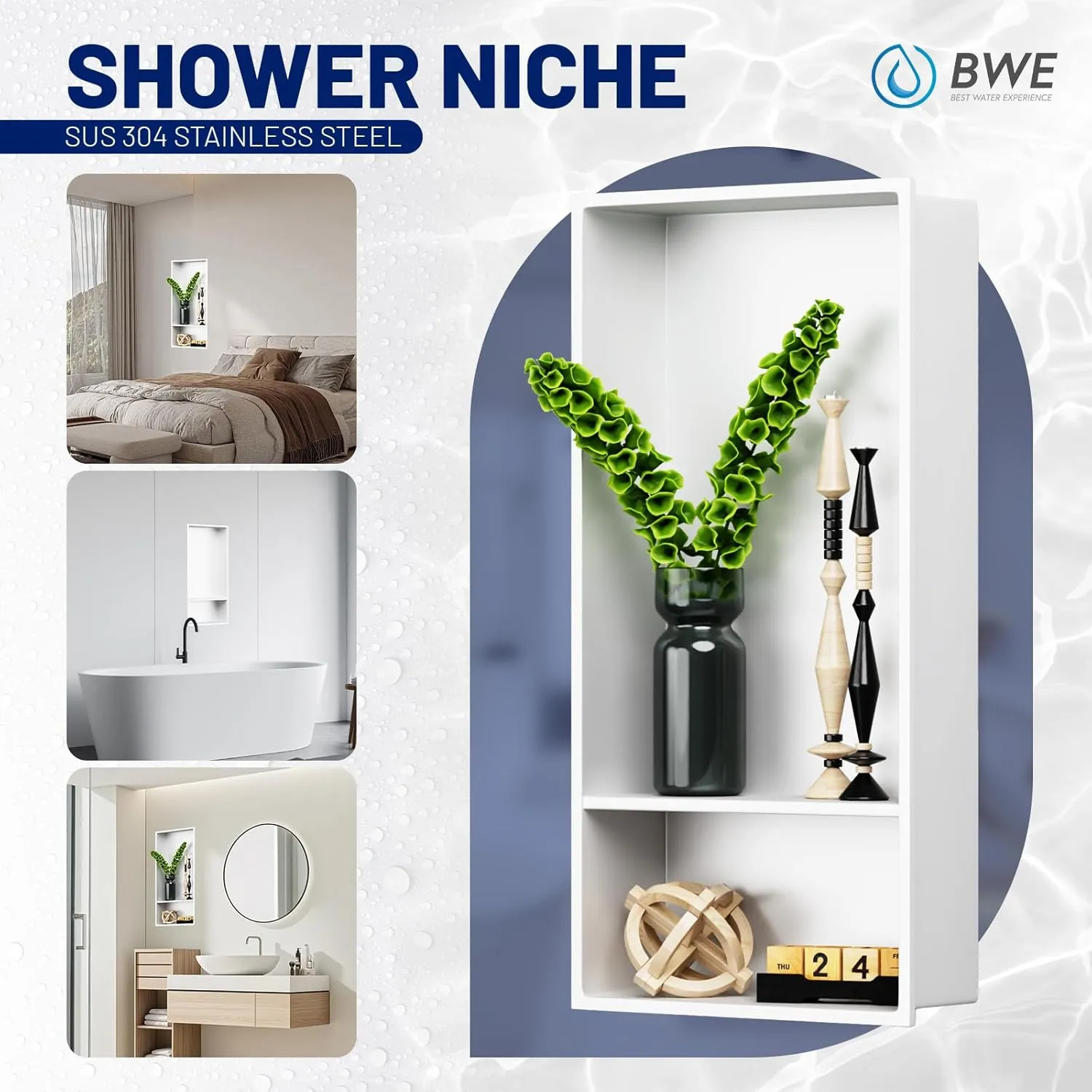 BWE 13" X 25" White Stainless Steel Shower Niche, No Tile Needed Wall Niche, Double Shelves Recessed Niche for Bathroom Storage,Over Mount Installation