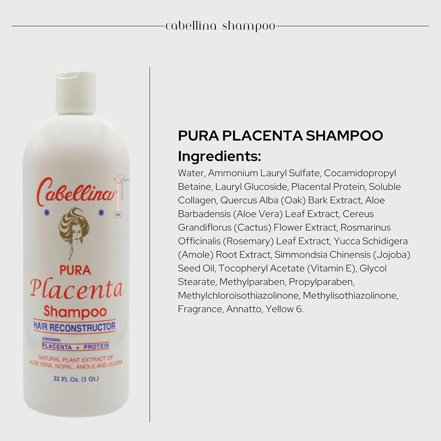 Cabellina Pura Placenta Reconstructor Shampoo with Proteins, Keratin Amino Acids & Natural Oils. Includes Root Brush - 32 fl oz - 1 Count
