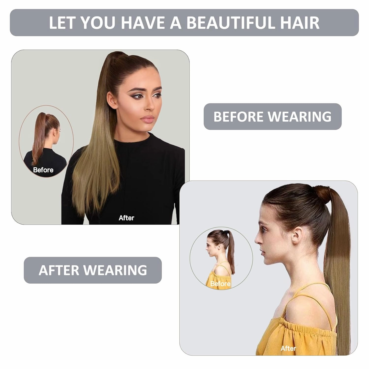 Caliee 22Inch Ponytail Hair Extension Clip on Ponytail Extension Human Hair with Magic Thick Silky Long Straight Ombre Ponytail Hairpiece 90G T(M3-8)-8 Darker Brown Mix Light Brown to Light Brown