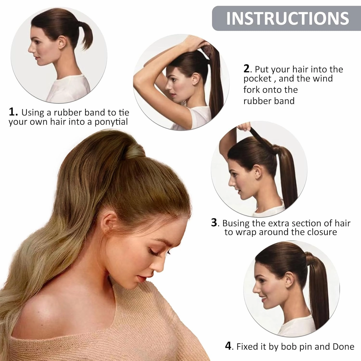 Caliee 22Inch Ponytail Hair Extension Clip on Ponytail Extension Human Hair with Magic Thick Silky Long Straight Ombre Ponytail Hairpiece 90G T(M3-8)-8 Darker Brown Mix Light Brown to Light Brown