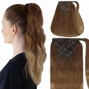 Caliee 22Inch Ponytail Hair Extension Clip on Ponytail Extension Human Hair with Magic Thick Silky Long Straight Ombre Ponytail Hairpiece 90G T(M3-8)-8 Darker Brown Mix Light Brown to Light Brown