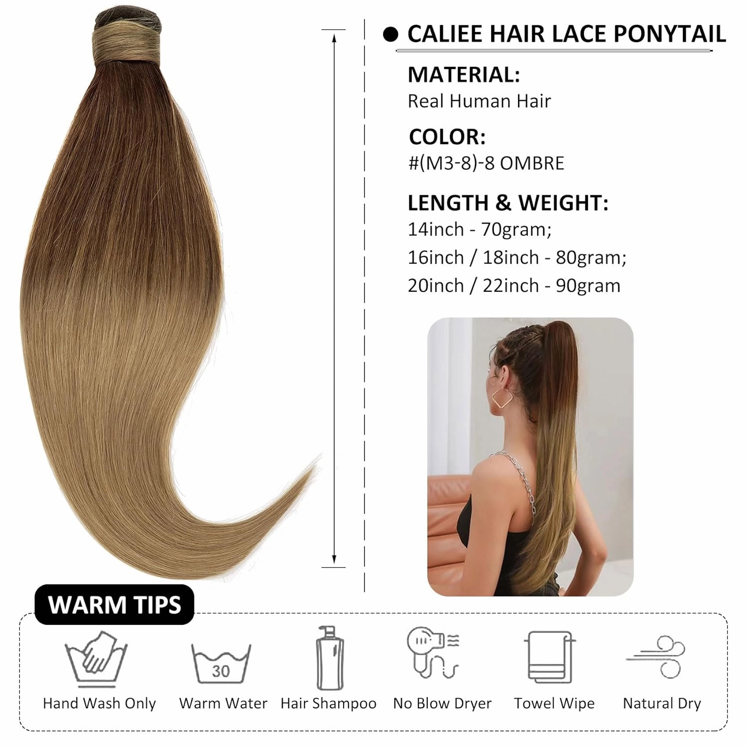 Caliee 22Inch Ponytail Hair Extension Clip on Ponytail Extension Human Hair with Magic Thick Silky Long Straight Ombre Ponytail Hairpiece 90G T(M3-8)-8 Darker Brown Mix Light Brown to Light Brown